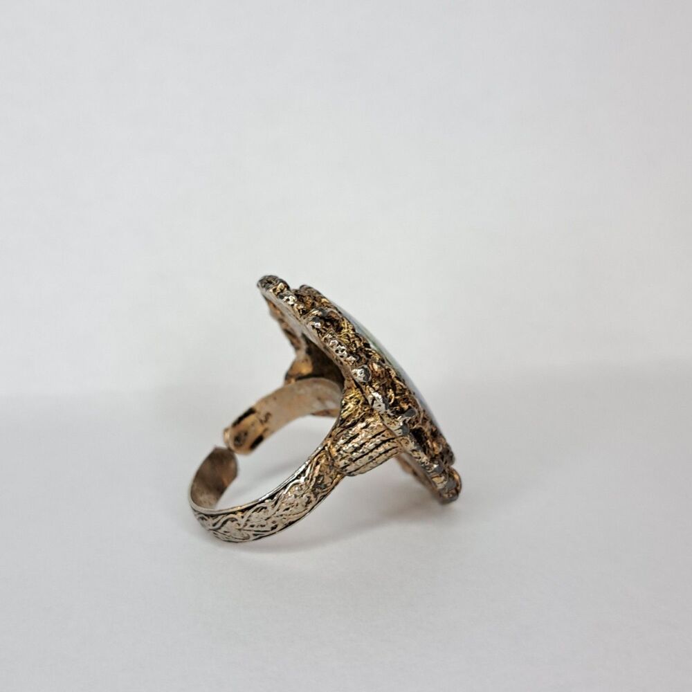 Vintage Oriental Ring Asian Culture Jewelry Ceramic Adjustable Brushed Gold Tone - Picture 6 of 7